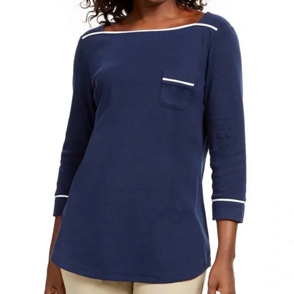 Karen Scott Navy Long Sleeve Tee with White Trim